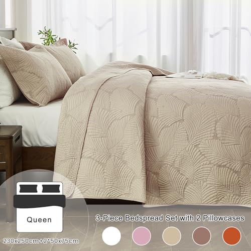 Qucover Beige Bedspread Soft and Comfortable Cotton Quilted Bedspreads King Size with Elegant Embroidered Palm Leaf Pattern, 3 Pieces Bedspreads