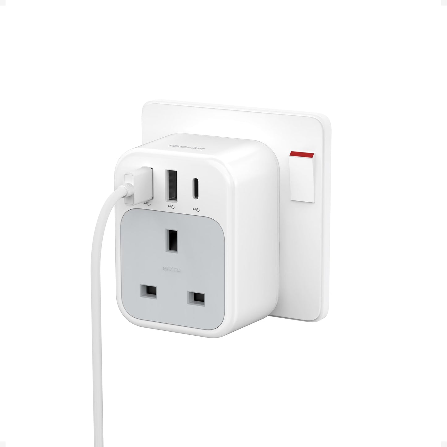 TESSAN USB C Plug Adapter UK, Plug Extension Socket with 3 USB Ports, 3250W 1 Way Outlet Extender, Wall Charger Sockets Adapter for Home, Kitchen,