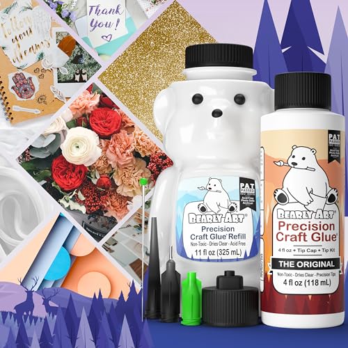 Bearly Art Precision Craft Glue -The Bundle - 4fl oz and 11fl oz Refill Bear - Tip Kit Included - Wrinkle Resistant - Flexible and Crack Resistant - Strong Hold Adhesive - Made in USA
