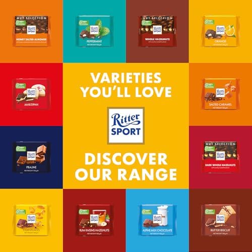 Ritter Sport Rum Raisins and Hazelnuts Chocolate Bar, 100g, Case of 12, Chocolate Sharing Bar