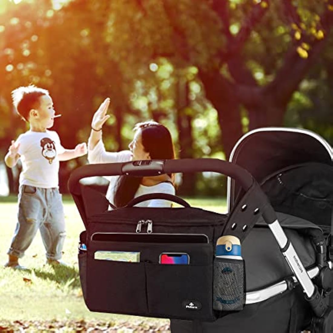 PHILORN Pram Bag, Pushchair Organiser Bag with Insulated Cup Holders, Buggy Organiser with Large Capacity for Baby Essentials Fits for Universal Strollers Like Doona, Ickle Bubba, Adjustable Strap