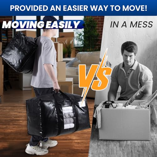 TAILI Moving Bags Extra Large Heavy Duty 4 Pack Storage Bags with Zips, Clear Window & Reinforced Handles, Black Storage Bags with Lid for
