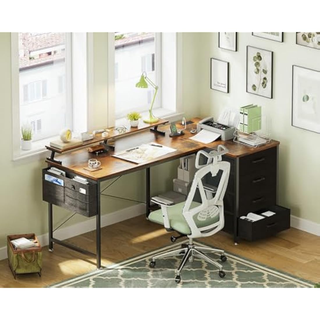 ODK Corner Desk with Drawers, L Shaped Computer Desk 140x80cm with USB Charging Port & Power Outlet, Home Office Desk with Monitor Stand and PC Stand, Gaming Desks Workstations, Rustic Brown