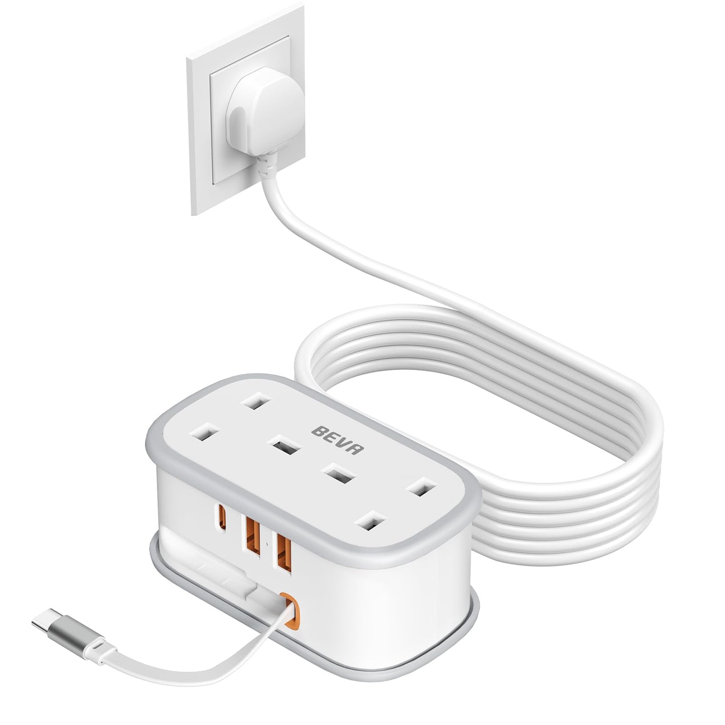 Travel Extension Lead, BEVA Power Strip with Retractable USB C Cable, 2 Way Power Socket with 3 USB Ports (1 USB C), 1.5M Extension Cable Cords for