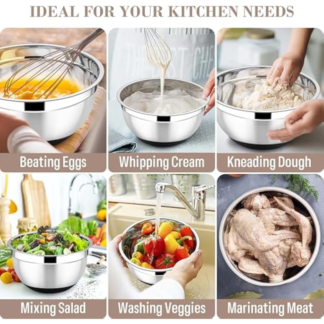 Onader Stainless Steel Mixing Bowls, 6-Piece Metal Salad Bowl for Kitchen Baking Cooking Serving, Airtight Lids & 3 Graters & Silicone Bottom, Size 0.7/1.2/1.6/2.5/2.8/4.6QT - Black