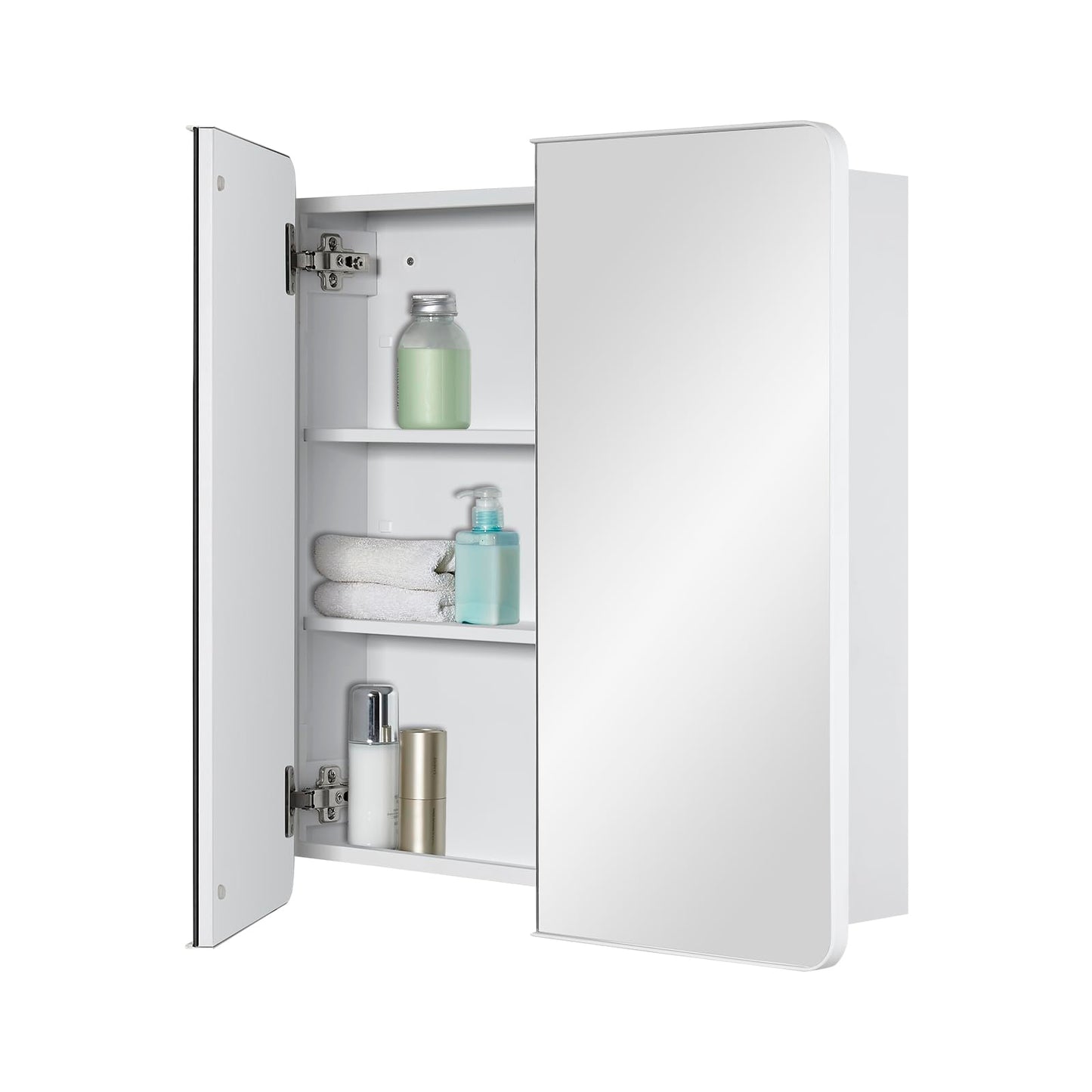 Fundin Bathroom Mirror Medicine Cabinet with Storage - Double Door, Metal Framed Round Corner, Adjustable Shelves, Matte White, Surface Mount Wall