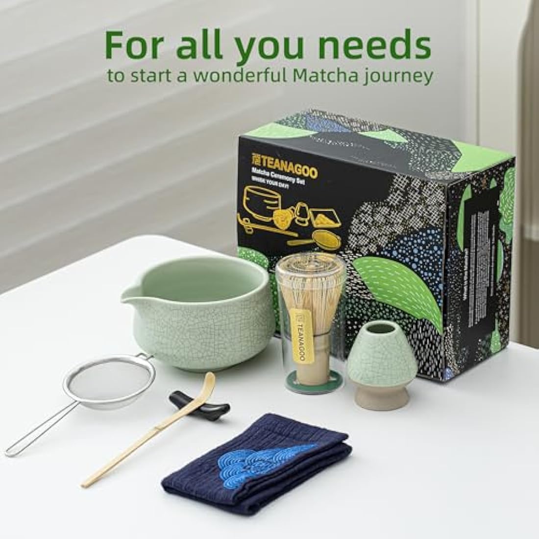 TEANAGOO Matcha Set, 7 Pcs Matcha Whisk Set, Matcha Kit for Ceremony, Matcha Tea Set for Making Breakfast/Latte, Green Matcha Bowl(Chawan) Whith Spout and Whisk, Gift for Matcha Lover