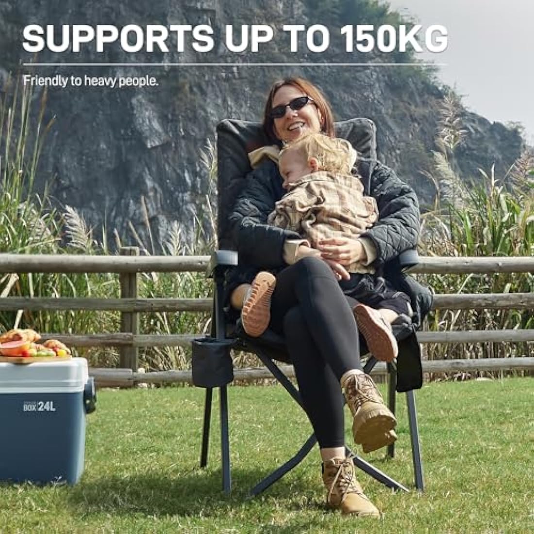 EVER ADVANCED Luxury Camping Chairs for Adults Heavy Duty High Back Oversized Folding Garden Chair Comfy Padded 6cm Loadable 150kg Camp Adjustable Dining Chairs 4-Position Recliner Deck Black