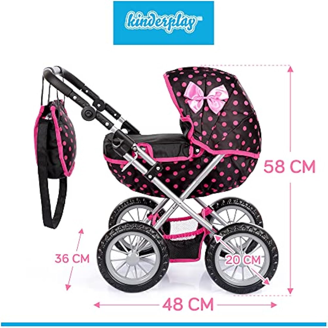 Kinderplay Dolls Pram | Toy Pram | Baby Doll Pram - Toy Pushchair | Dolls Buggy | Dolls Pushchair | Doll Stroller with Adjustable Handle (33-63 cm), model KP0262G