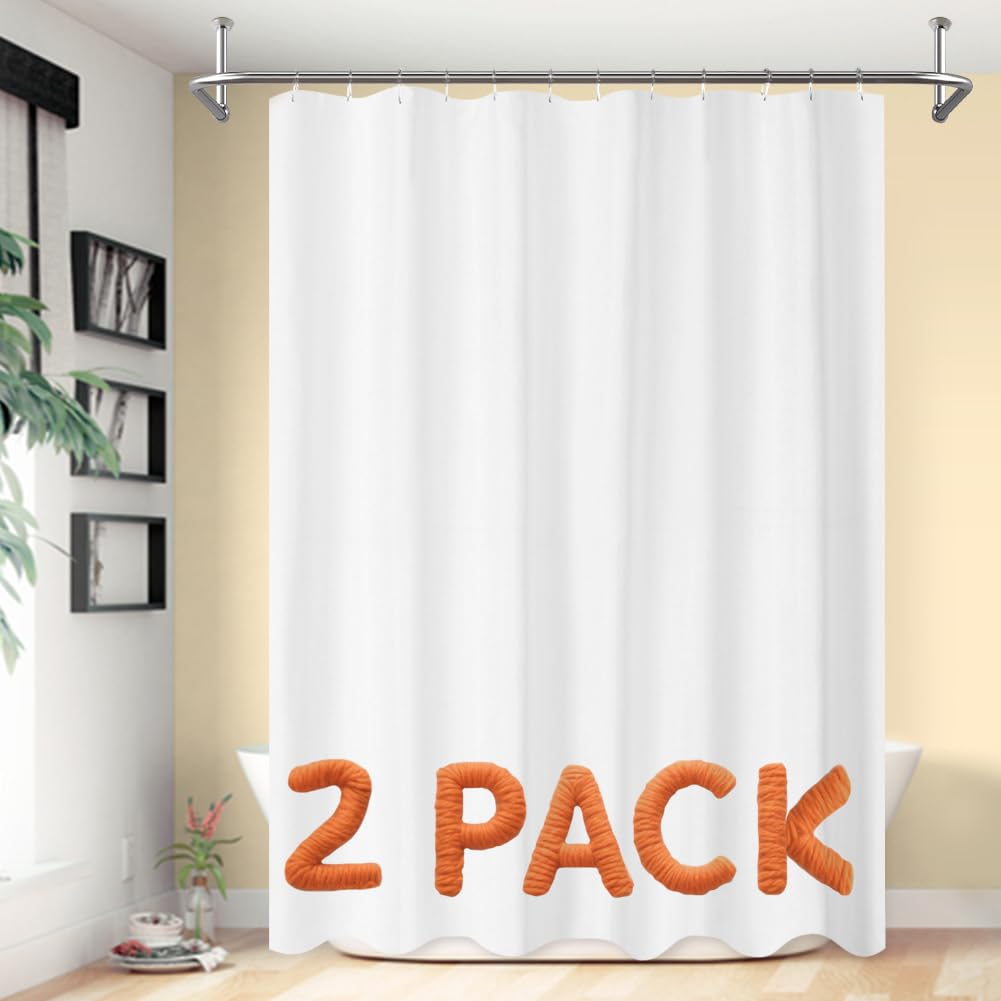 Barossa Design 2-Pack Fabric Shower Curtain/Liner - Hotel Quality, Washable & Water Repellent, 12 Button Holes - 70" W x 72" H, White