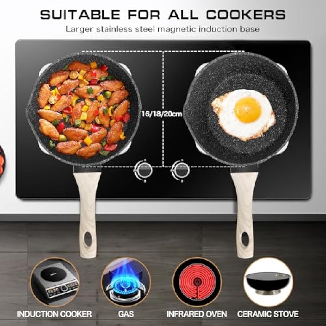 Rainberg Saucepan with Lid, Nonstick Milk Pan Suitable with Induction, Gas and Electric Hobs, Cooking Pot with Pour Spout. (Black, 3PK 16-18 & 20cm)