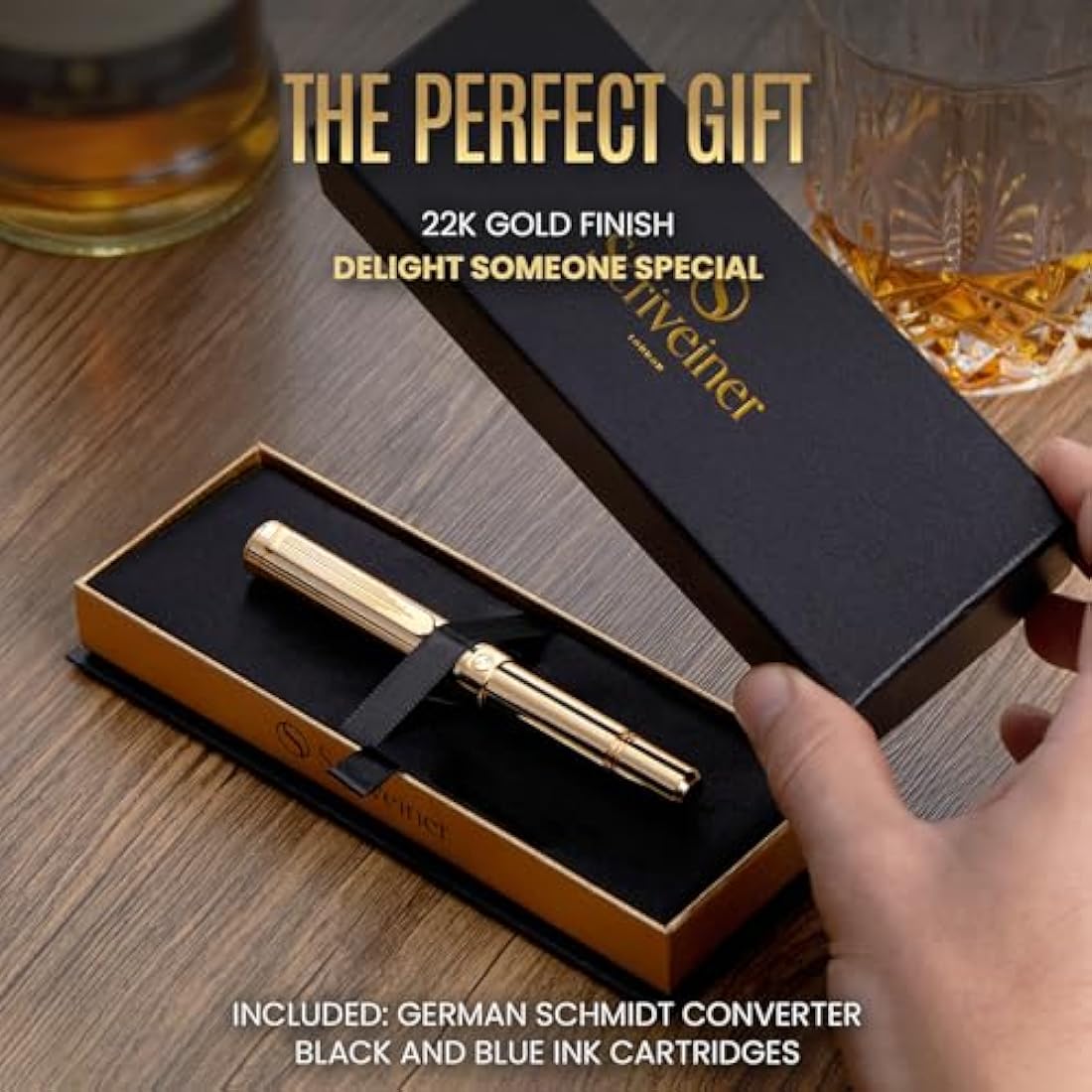 Scriveiner Gold Luxury Fountain Pen (Fine) - Award Winning - Heavy Pocket Pen, Real Gold Plating, German Nib & Converter, Nice Gift Pens for Men & Women