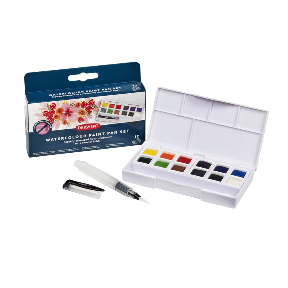 Derwent Watercolour Paint Pan 12 Set, Set of 12, Half Pan Size, Water-Soluble, Ideal for Painting, Professional Quality, Travel Size, 2306323