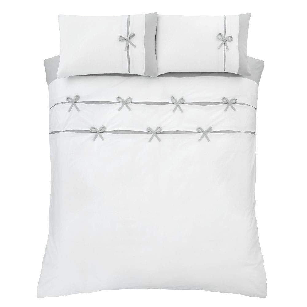 Catherine Lansfield Milo Bow Easy Care Super King Duvet Set White