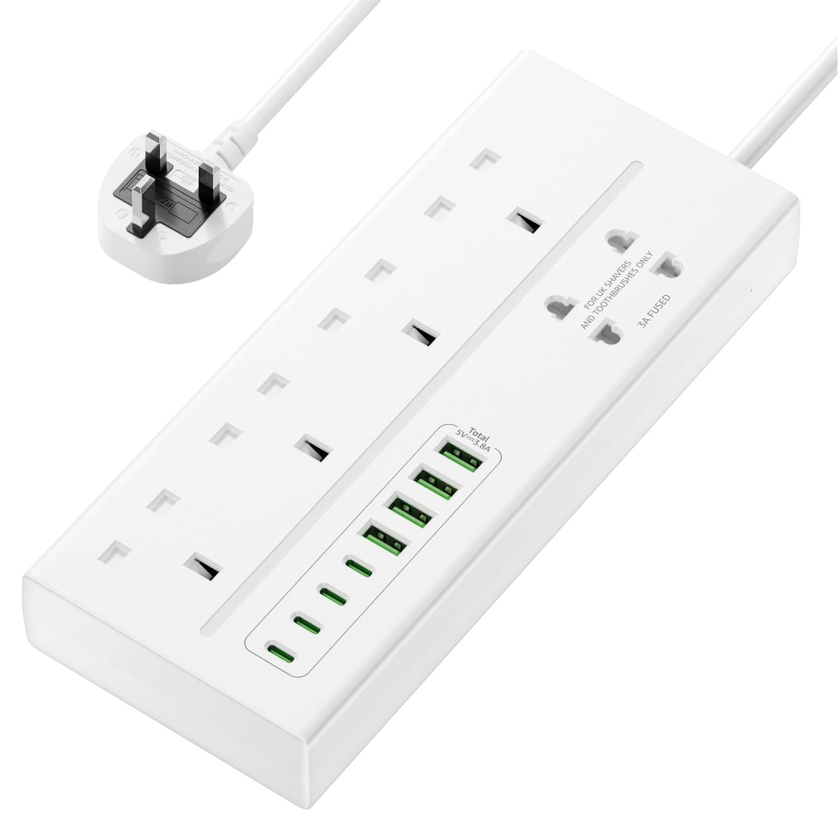 Extension Lead with USB Slots, VoltFlow 4 Way Plug Extension Socket with 8 USB Ports, 1.8M Extension Cable with Switch 13A 3250W Overload Protection