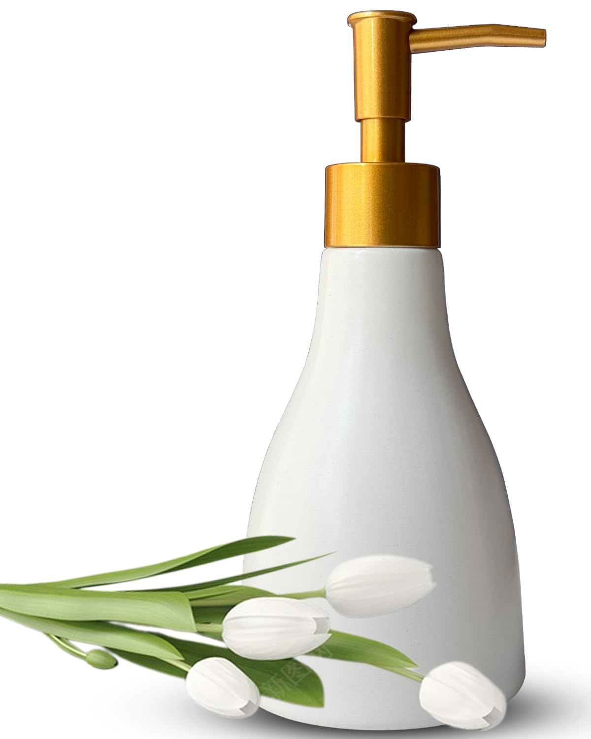 280ml Liquid Soap Dispenser for Bathroom with Gold Pump,Dish Soap Dispenser for Kitchen Sink,Refillable Countertop Lotion Dispenser, Ceramics White