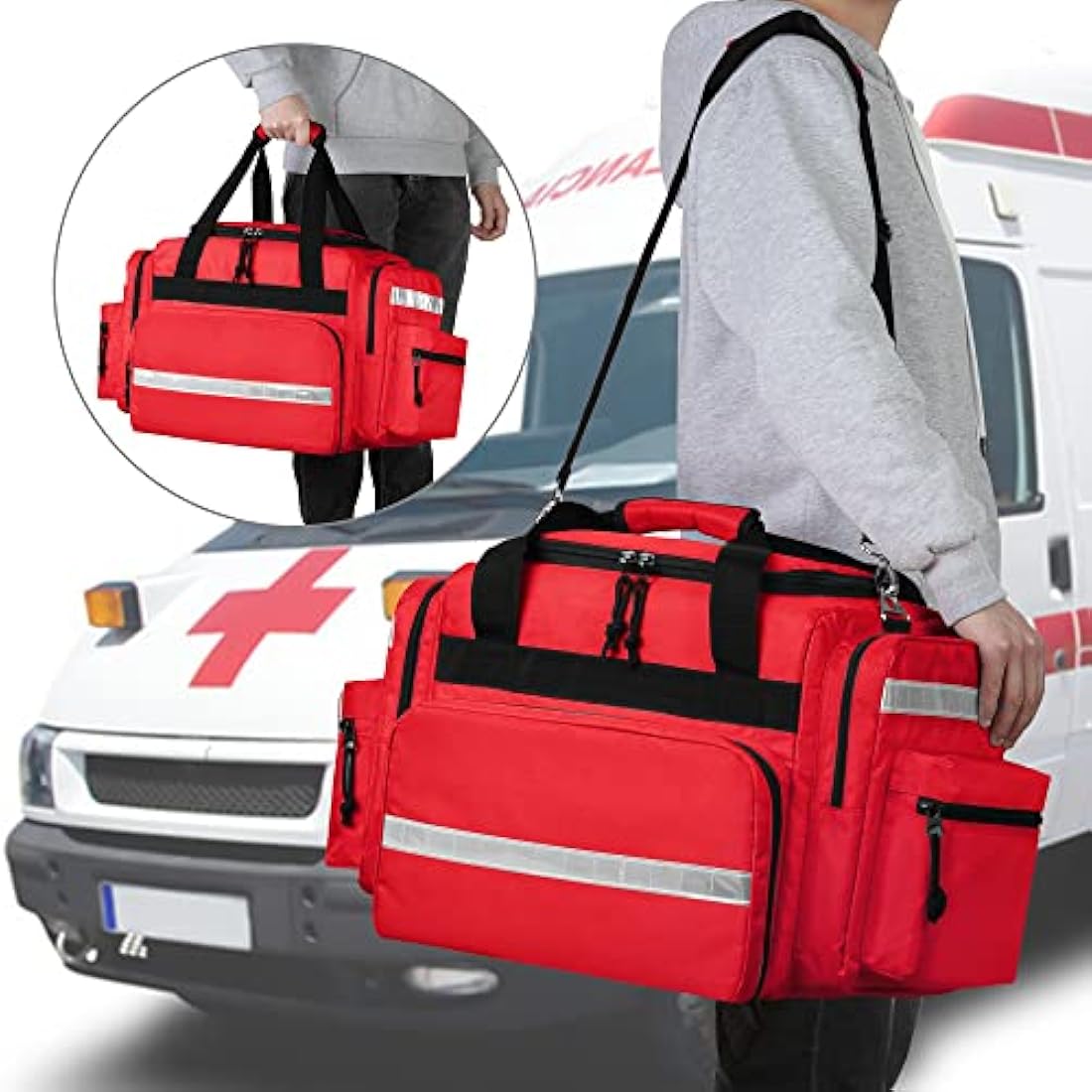 Damero Emergency Bag Empty, Large Medical Trauma Bag, Professional First Responder Bag with Multiple Pockets for Medical Supplies, Red