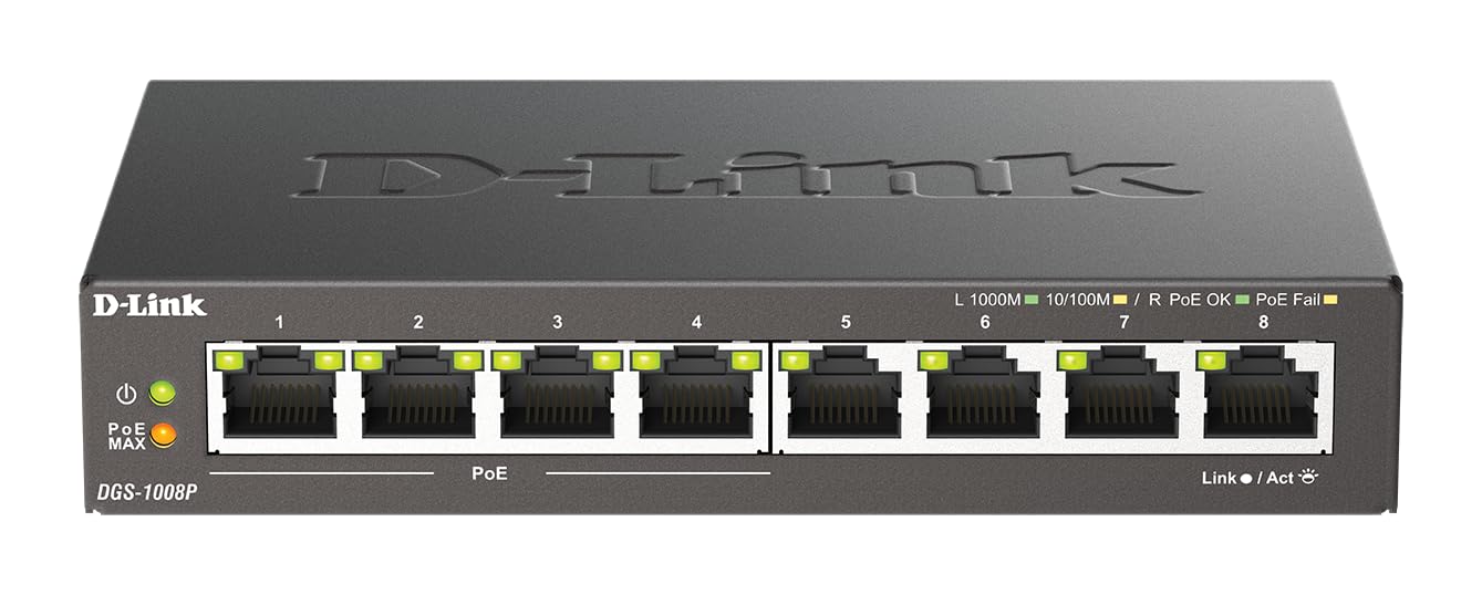 D-Link DGS-1008P 8-Port Gigabit Unmanaged Desktop PoE Switch, 80W Power Budget, Metal, Fanless, Black