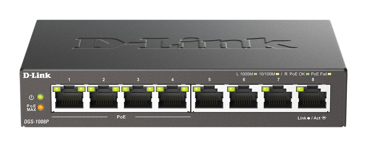 D-Link DGS-1008P 8-Port Gigabit Unmanaged Desktop PoE Switch, 80W Power Budget, Metal, Fanless, Black