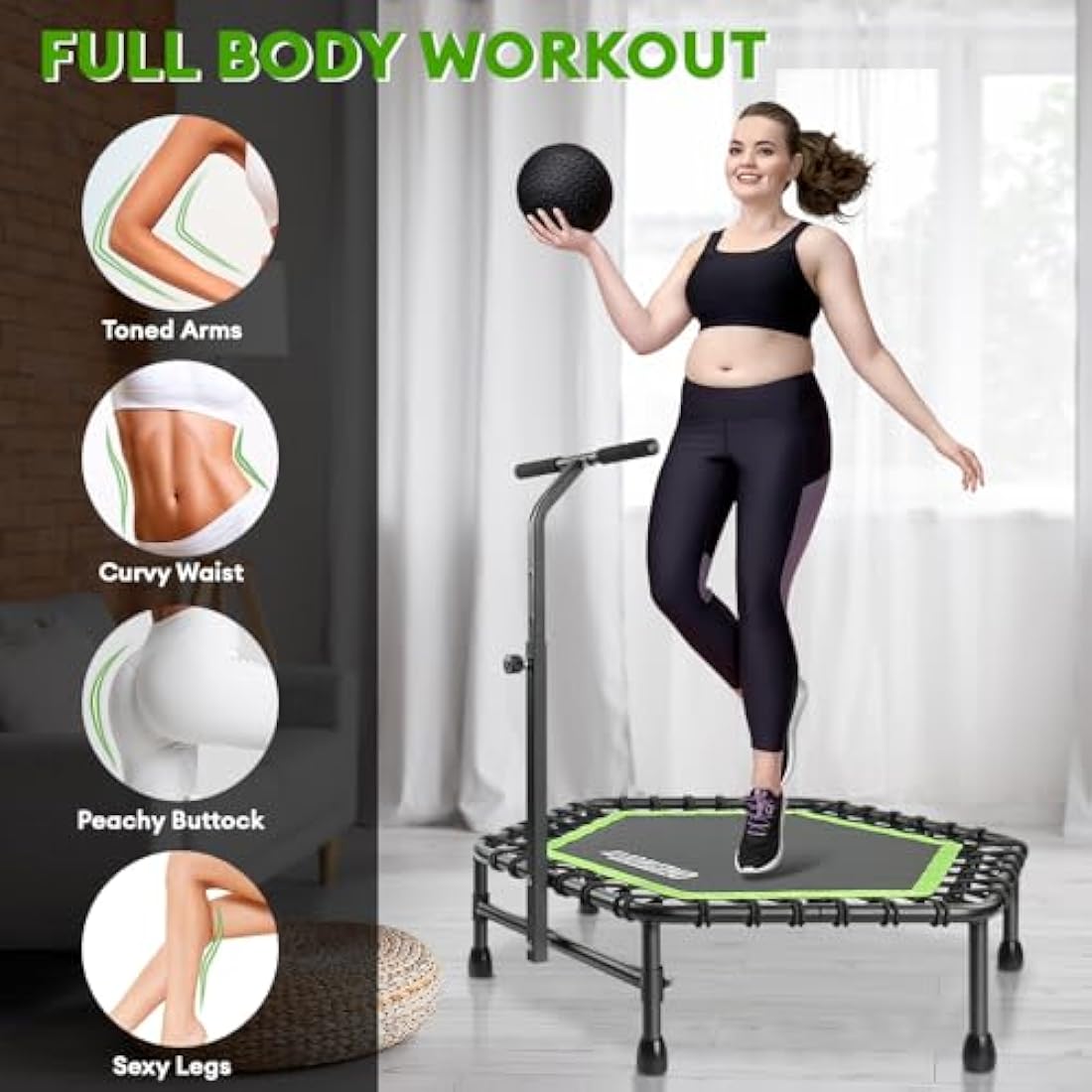 ONETWOFIT 42“/45" Rebounder Trampoline for Adults with Handle Bar, Silent Mini Trampoline Indoor Exercise Fitness Trampoline Bungee Rebounder Outdoor