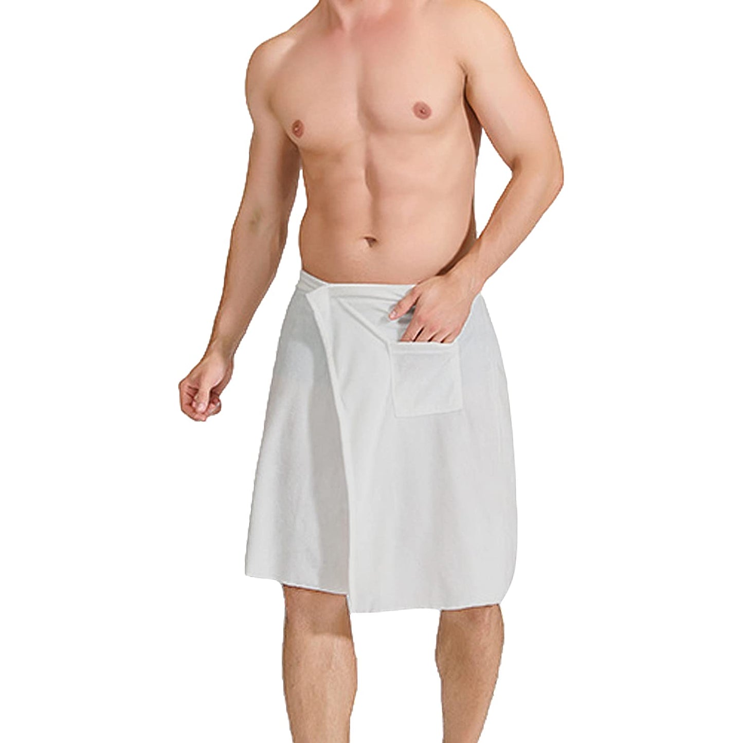 Jamron Mens Adjustable Bath Towel Wrap - Wearable Towel Skirt with Pocket for Gym Shower Sauna Spa & Beach Cover Ups White S