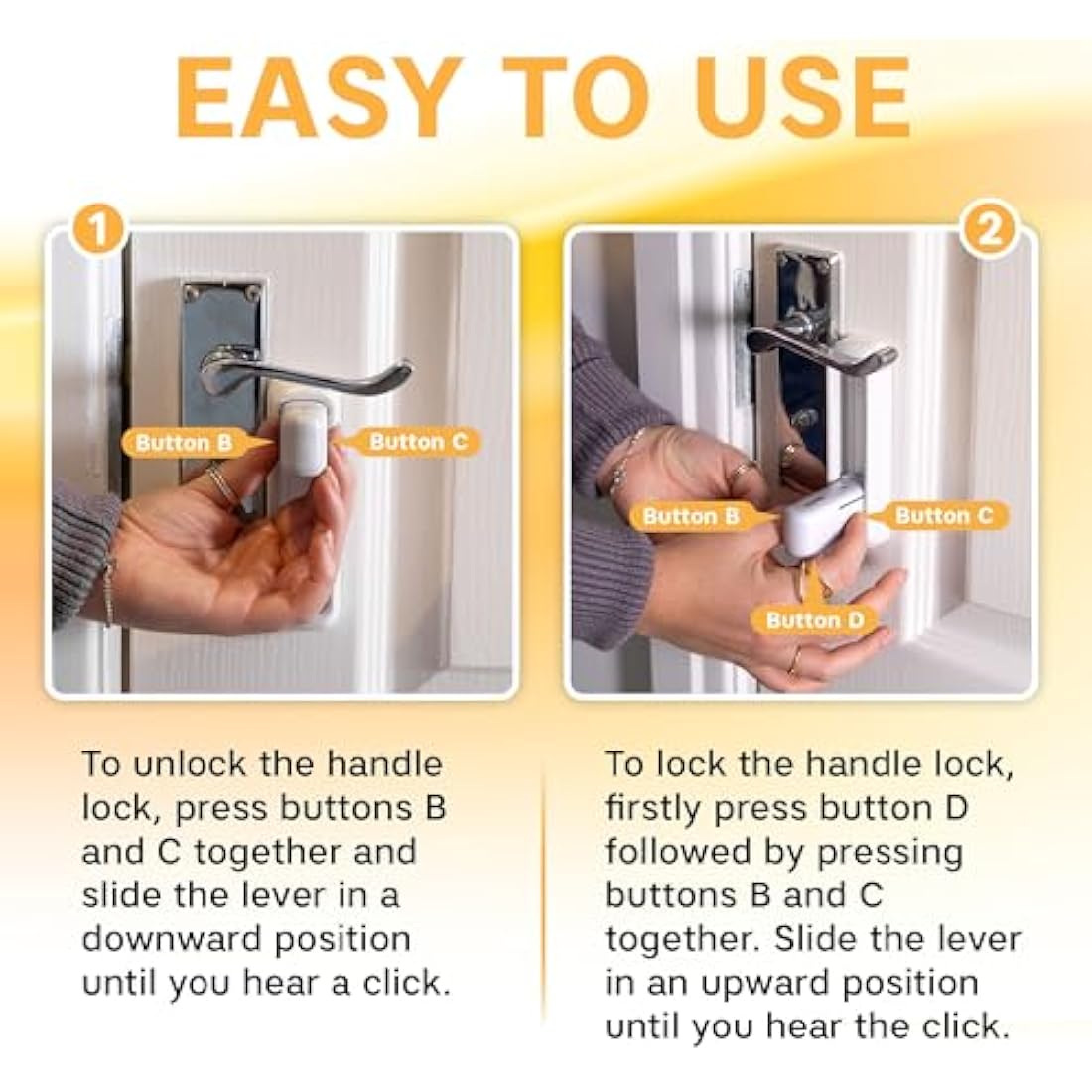 BeeGo® Door Lever Locks (2 Pack) – Stick On Door Lock Without Drilling | Door Security with Adhesive for Home, Bedroom, & Kitchen