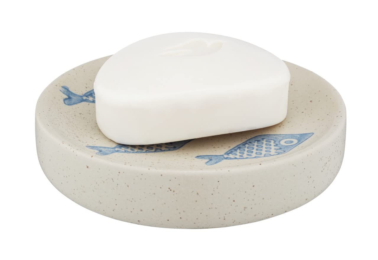 WENKO Soap Dish Aquamarine Soap Dish for Storage of Hand Soap Made of Elegant Ceramic in Matte White with Blue Maritime Scenery Hand-Painted Diameter