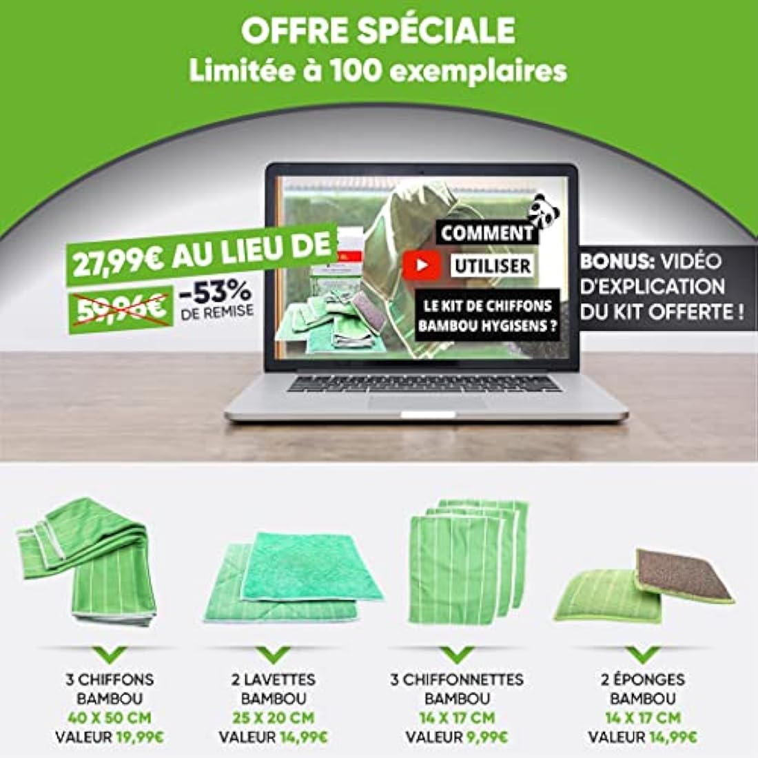Kit de 10 Chiffons Bambou Microfibres, Lavettes et Eponges Lavables Qualité Premium - Nettoyer Vitres Sans Traces, Voiture, Plaque de Cuisson, Inox, Lunettes, Moto – Essuie-Tout Magique Anti Poussière