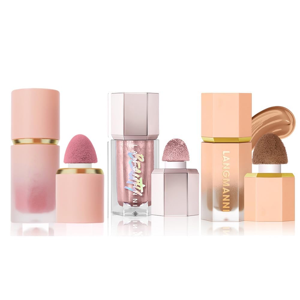 3 Pack Liquid Contour & Highlighter & Blush Makeup Set, Long Lasting Natural Weightless Buildable Contouring Bronzer Blusher Stick Beauty Wand Liquid