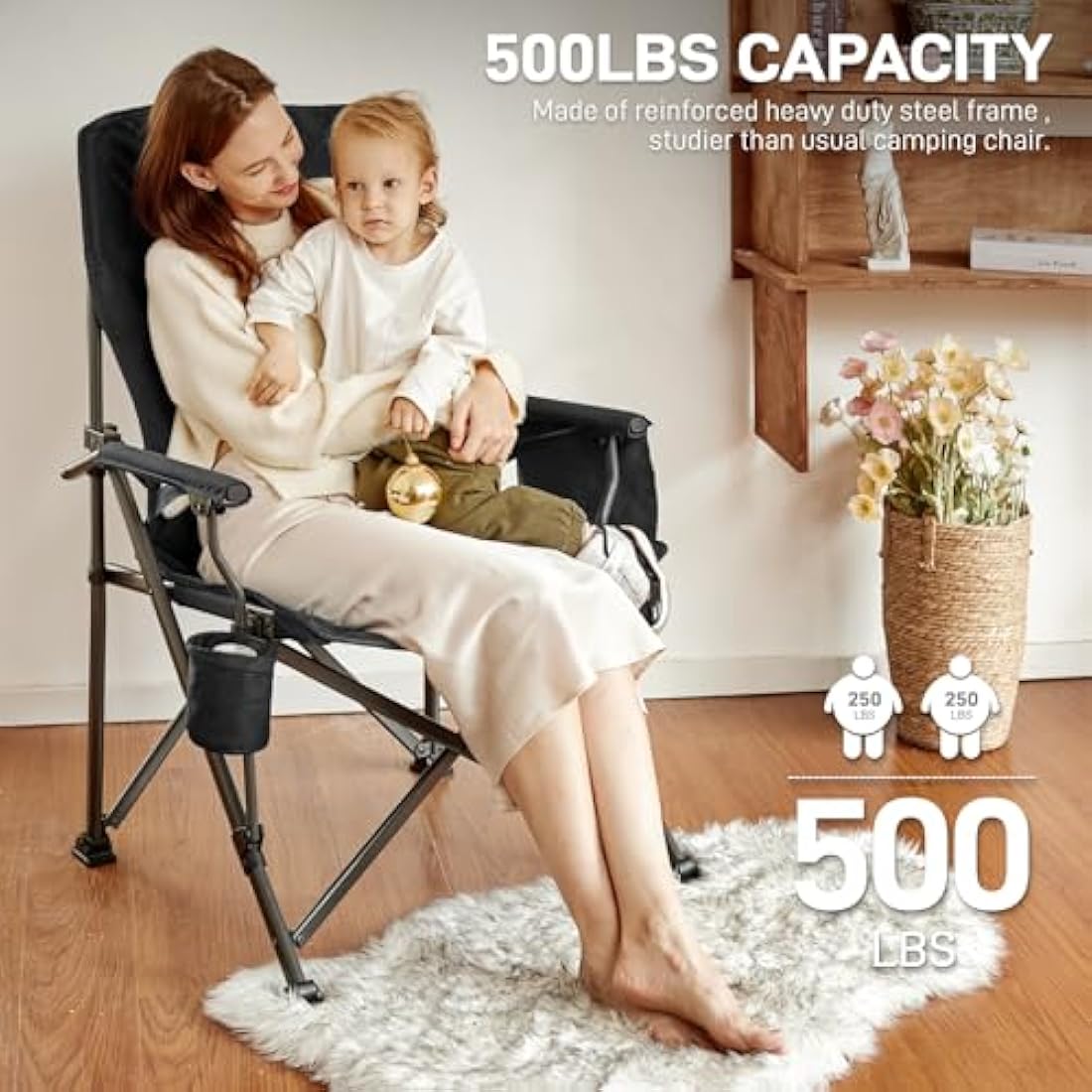EVER ADVANCED Oversized Folding Camping Chair for Adults with Adjustable Lumbar Support, Heavy Duty Chair with Side Pockets, Portable Collapsible Quad Chairs for Outside, Support Up to 230KG,Black