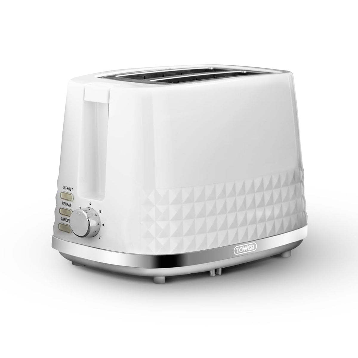 Tower T20082WHT Solitaire 2 Slice Toaster, Browning Control, 850W, White with Chrome Accents