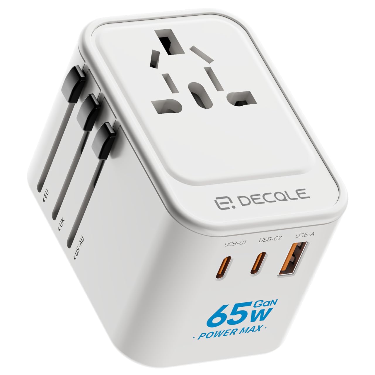 decqle Universal Travel Adapter, International Travel Plug Adapter with 2 USB-C(GaN 65W) ? 1 USB-A Ports, All in One Portable Adaptor, for USA, UK,