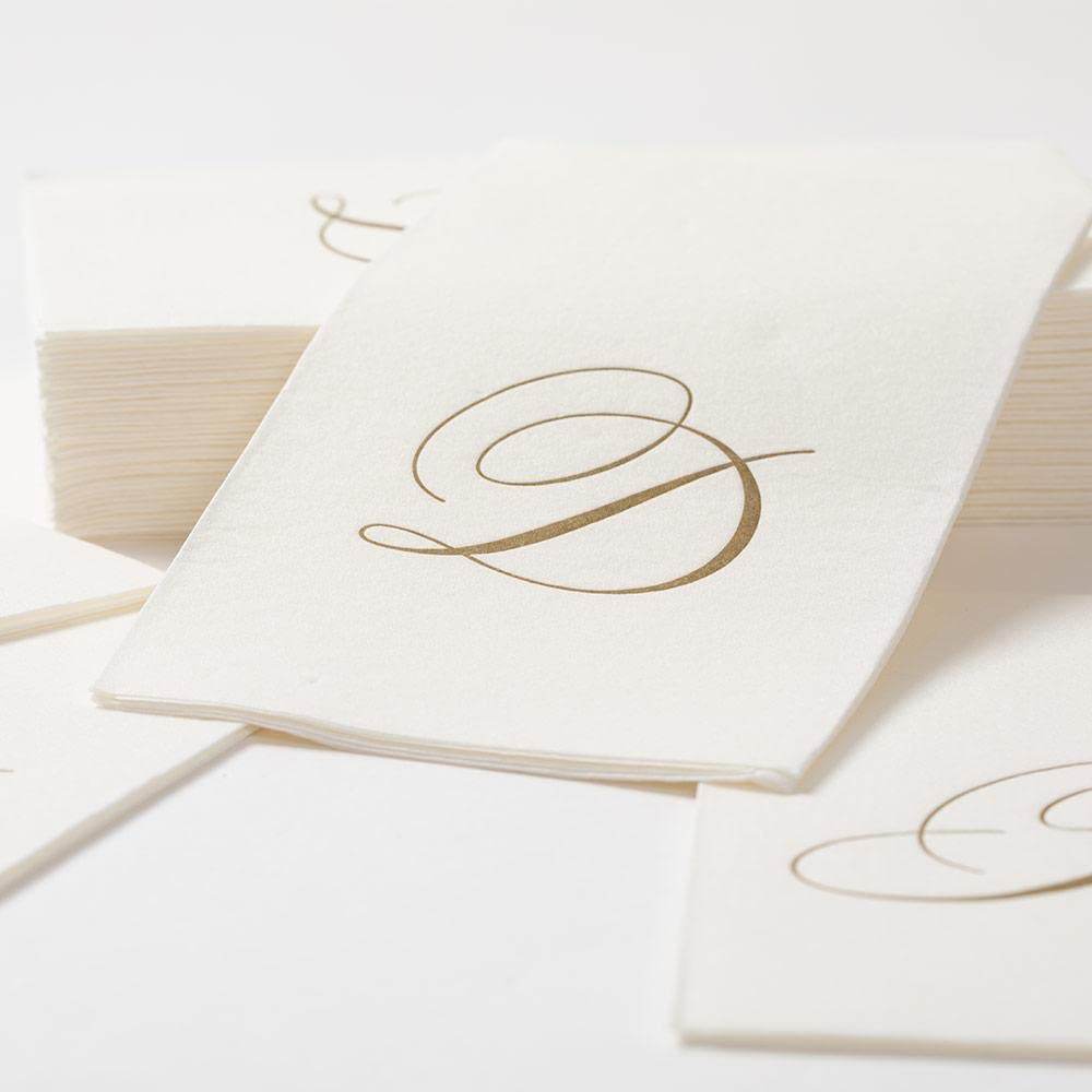 Caspari Signature Gold Initial F Paper Linen Guest Towels, White Pearl, Pack of 24