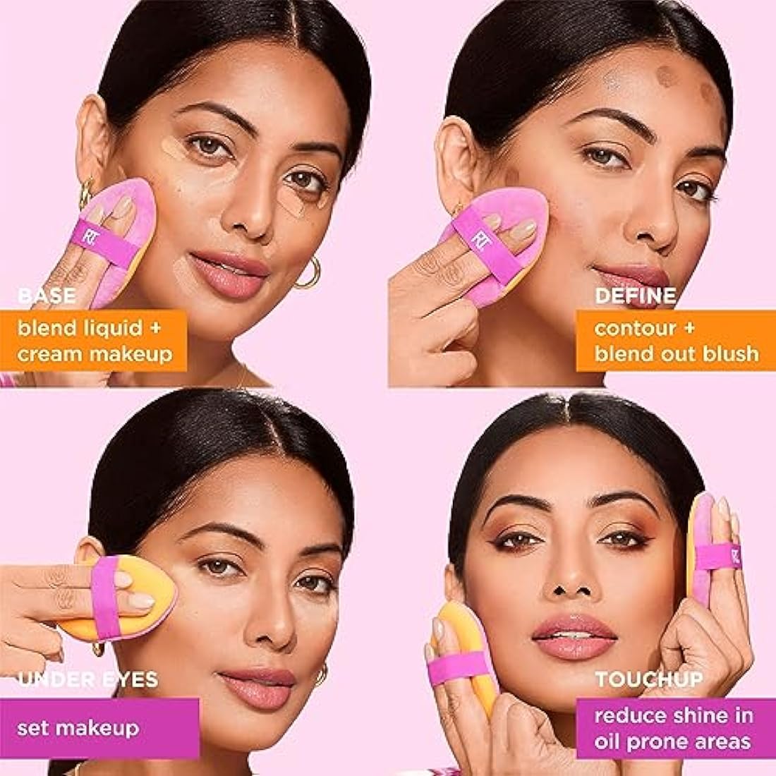 Real Techniques Miracle 2-In-1 Powder Puff, Dual-Sided, Full-Size Makeup Blending Puff, Reversible Elastic Band, Precision Tip Makeup Sponge and Powder Puff, For Liquid, Cream and Powder, 2 Count