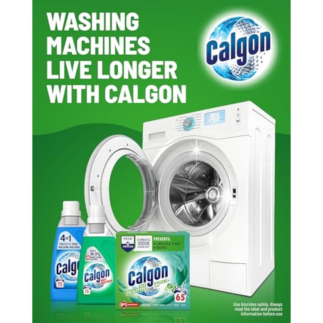 Calgon Hygiene Plus Washing Machine Cleaner & Limescale Remover, Water Softener Tablets, Unscented, 65 Tablets, Pack of 1