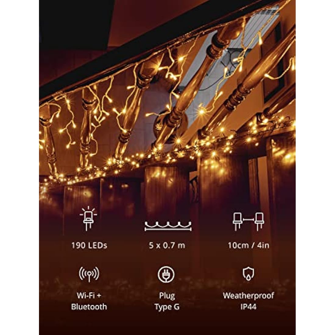 Twinkly Icicle 190 LED White, Outdoor and Indoor LED Cascade Lights, Smart Warm and Cool White LED Lights, Compatible with Alexa, Google Home, IP44, App Control, Transparent Wire, 5.5m