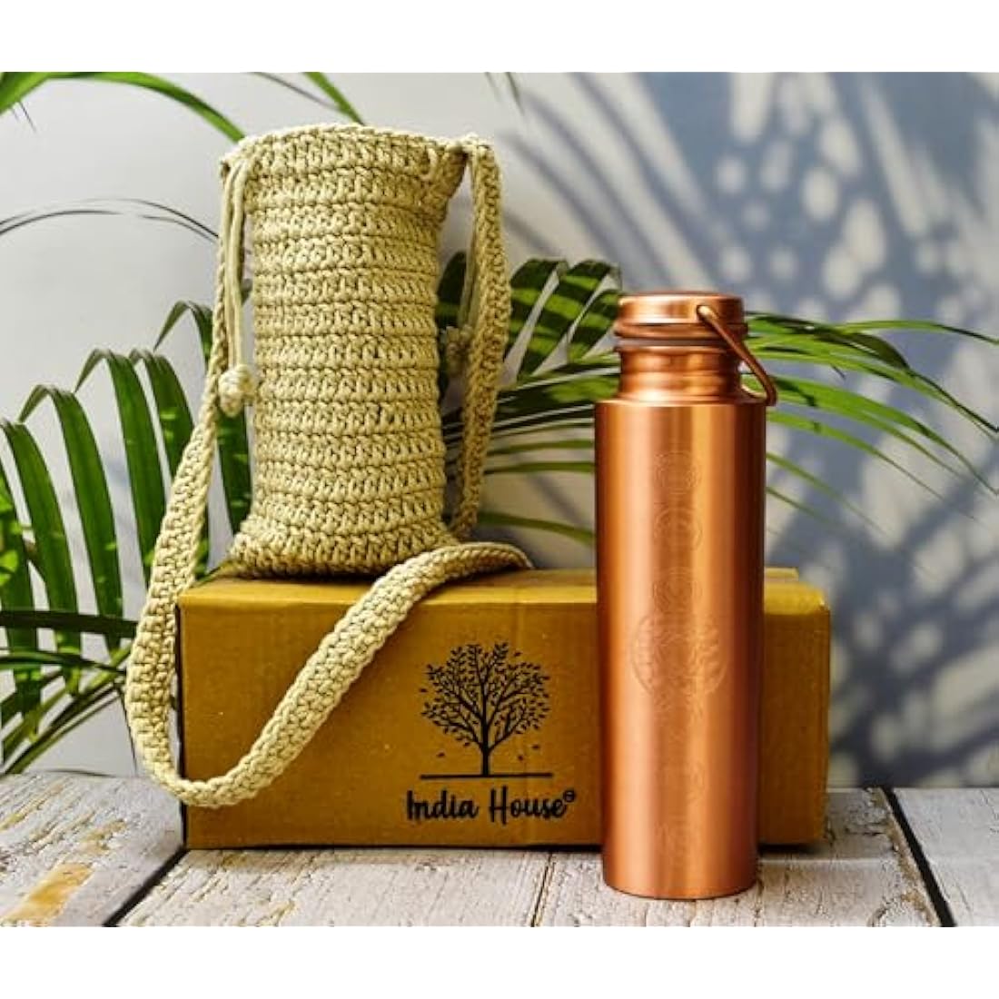 Copper Bottle 7 Chakra 100% Pure Copper and carry bag/Water Bottle/1000ml/Meditation/Gym/Yoga from India (Matt finishing)