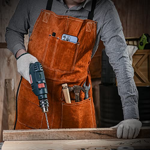 Leather Welding Work Apron - Heat Resistant & Flame Resistant Bib Apron, Flame Retardant Heavy Duty BBQ Apron, Adjustable One Size Fit Most Brown-24"x