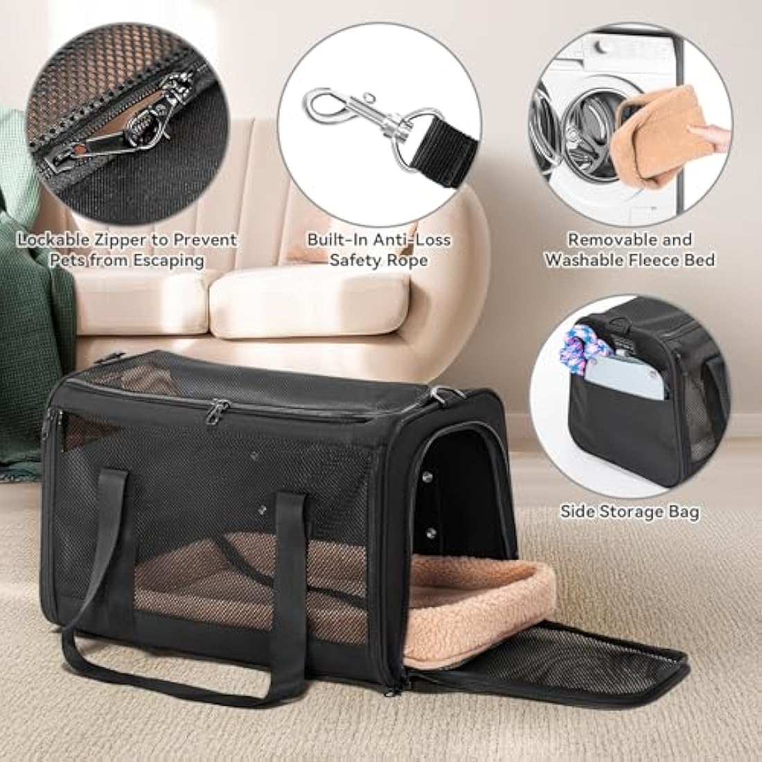 Petsfit Cat Carrier Car, Small Dog Carrier with Upgraded Patented Car Buckle Soft Sided Pet Carrier for Puppy, 4 Side Ventilated with Adjustable Shoulder Straps and Soft Cushion,Black