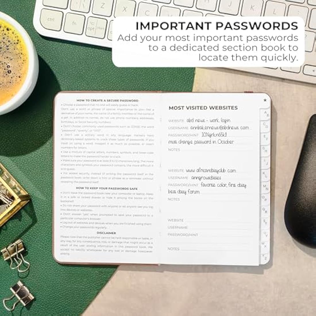 Clever Fox Password Book 2nd Edition Small – Pocket Password Keeper with Laminated Alphabetical Tabs – Internet Address Notebook & Login Details Organizer Journal – 8.9x14.2cm (Rose Gold)