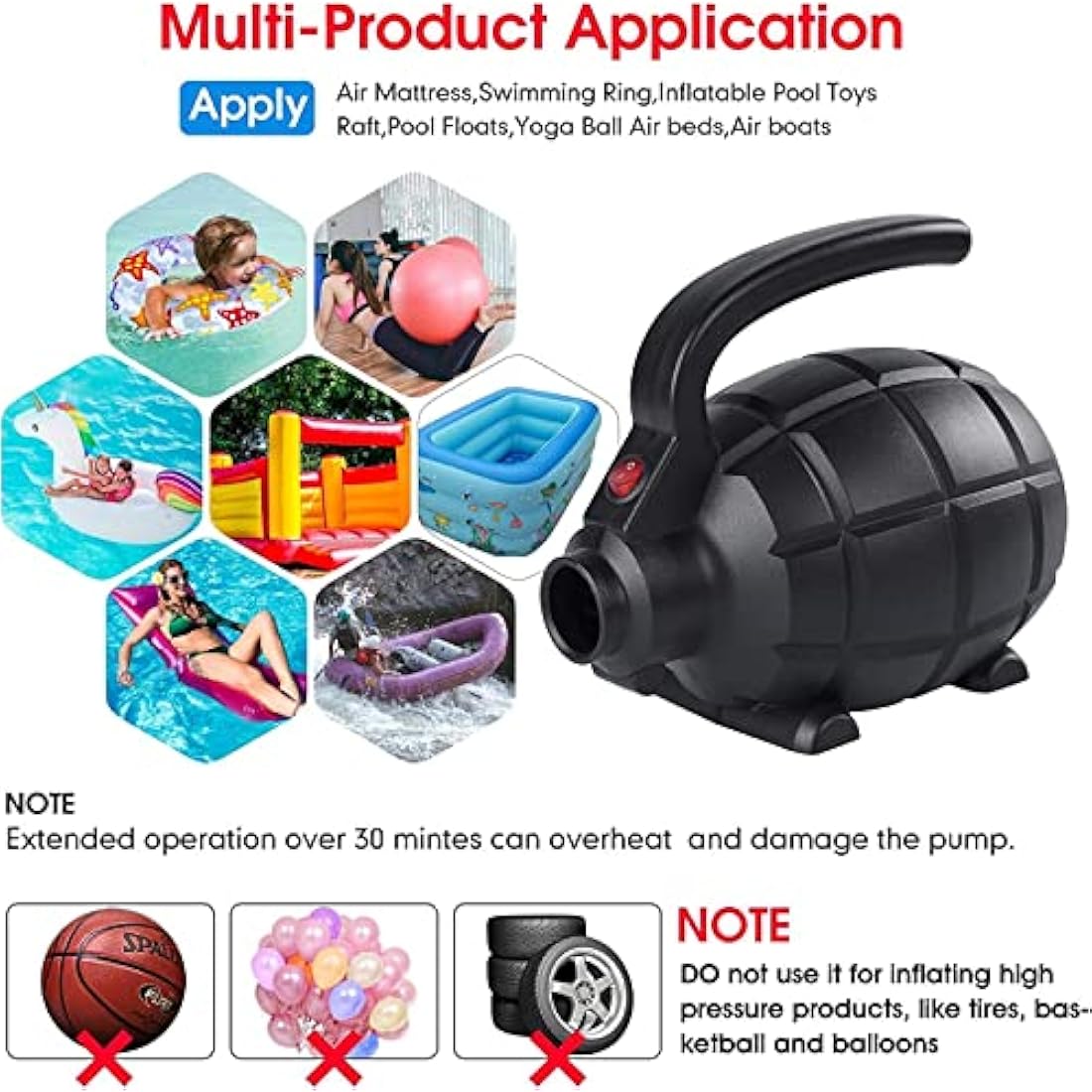 PPXIA Electric Air Pump Portable Air Track Pump, Quick-Fill Inflator Deflator with 4 Sizes Nozzle for Inflatables Mattress/Bed, Paddle Board, Gymnastics Mat
