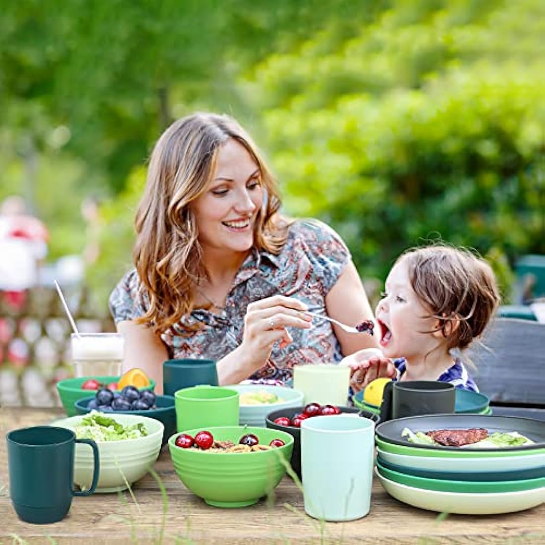 Greentainer Plastic Unbreakable Dinnerware Sets,12PCS Camping Tableware, Lightweight Plates, Bowls and Mugs, Microwave& Dishwasher Safe Plates Set, Service for 4, Great for Kids & Adults
