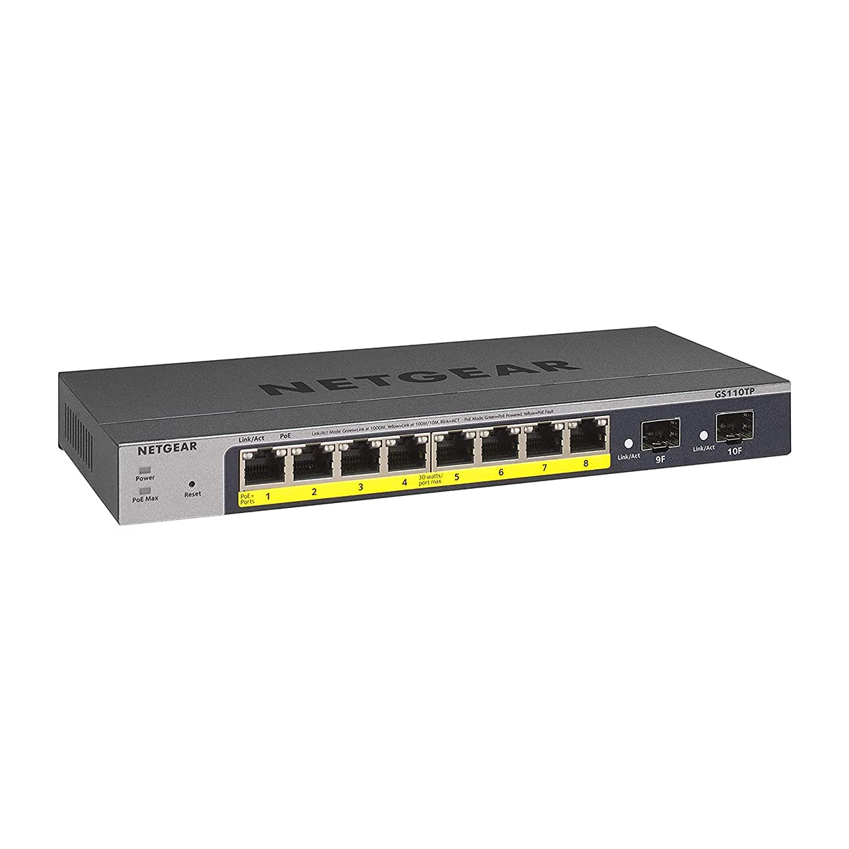 NETGEAR 10-Port PoE Gigabit Ethernet Smart Switch (GS110TP) - Managed, with 8 x PoE+ @ 55W, 2 x 1G SFP, Optional Insight Cloud Management, Desktop or