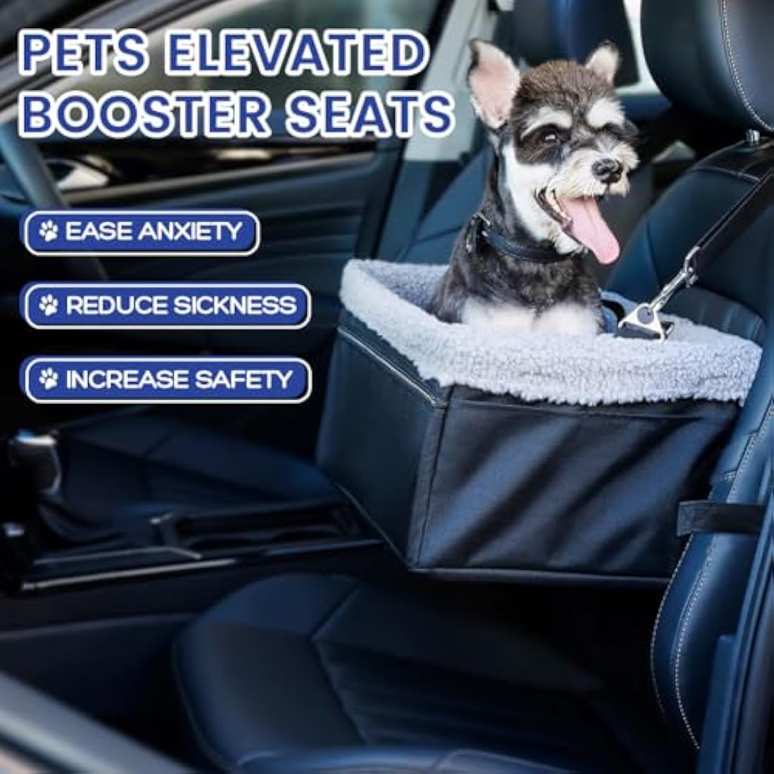 UNICITII Dog Car Seats for Small Dogs-Elevated Pet Dog Booster Seat for Dog,Raised Dog Lookout Car seat w/Clip-On Safety Leash Adjustable Pet Travel Seat, Black-9kg (BGUN-PS002c)