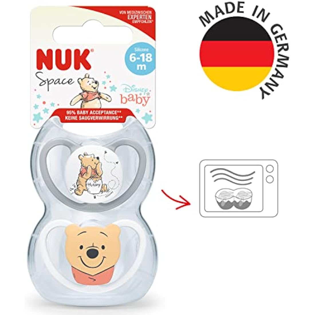 NUK Space Baby Dummy | 6-18 Months | Soothers with Extra Ventilation for Sensitive Skin| BPA-Free Silicone | Disney Winnie the Pooh | 2 Count