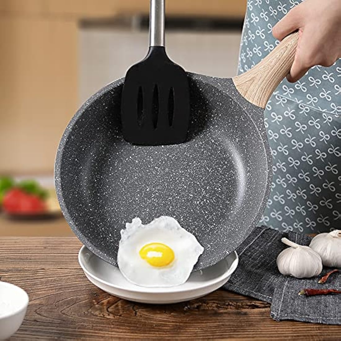 ZUOFENG Nonstick Frying Pan Skillet 24cm, Stone Pans Cookware Granite Coating, Induction Pans Saucepans Omelette Skillet