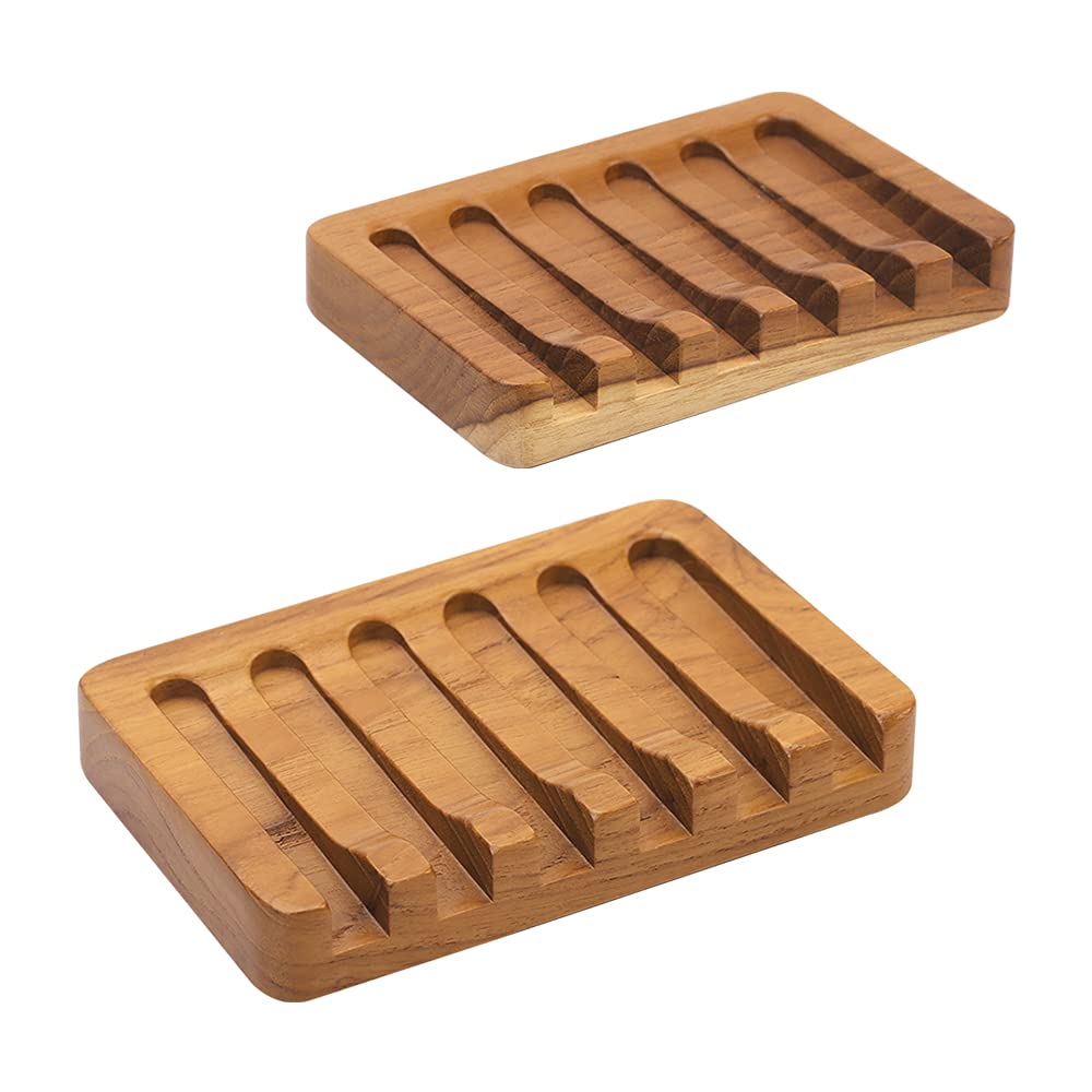 Wooden Soap Dish 2pcs by HTB, Natural Teak Wood Soap Holder, Soap container for Shower, Bathroom, Kitchen, Bath Tub, Razor, Sponges, Easy Dry Extend