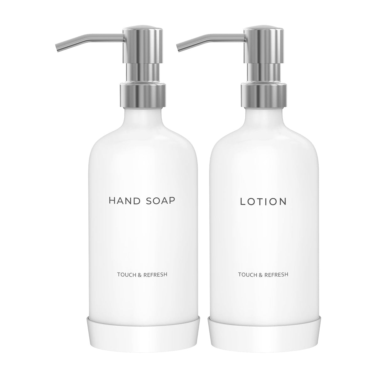 Soap Dispenser Bathroom - Hand Soap and Lotion Dispenser Set with Non-Slip Protective Silicone Pad, Modern Bathroom Decor & Accessories. (Silver)