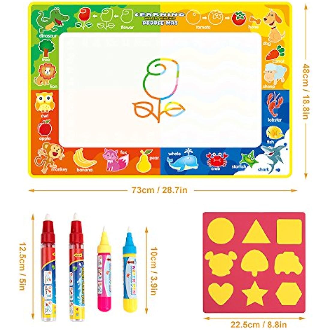 Vidillo Water Doodle Mat, Water Drawing Mat Kids Toys Large Magic Toddlers Painting Board Writing Scribble Boards with 4 Magic Pen and Draw Templates for Boys Girls Size 29 x 19 inch (Fruit)
