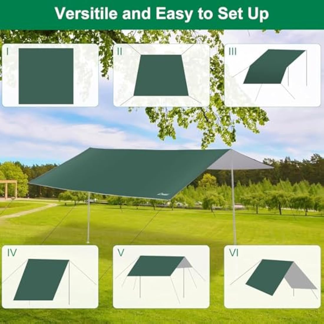 WADEO Camping Tent Tarp Shelter, 3m x 3m Hammock Tarpaulin Waterproof Ground Sheets Portable Tarpaulin Shelter with 8 Pegs and 8 Guy Lines for Camping Picnic Hiking Adventure